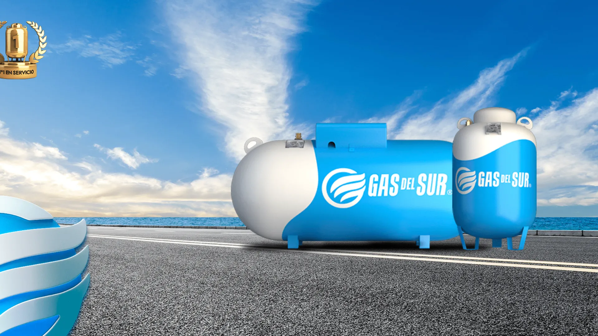 Banner promocional de Gas del Sur mostrando ofertas de gas granel con ahorro de hasta $300.000 pesos, con tanques de gas y mascota de la empresa en fondo azul