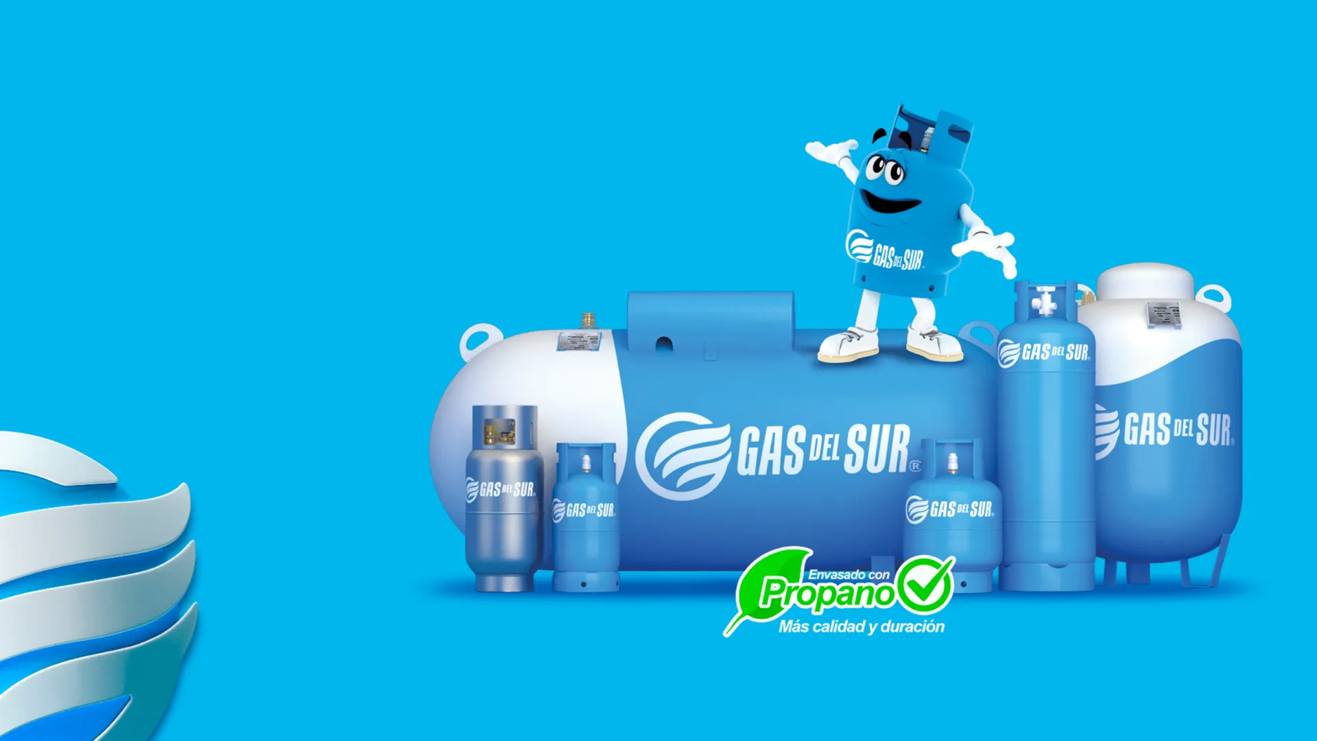 Banner promocional de Gas del Sur destacando la calidad superior del gas con propano, mostrando tanques de gas con fondo azul y mascota de la empresa