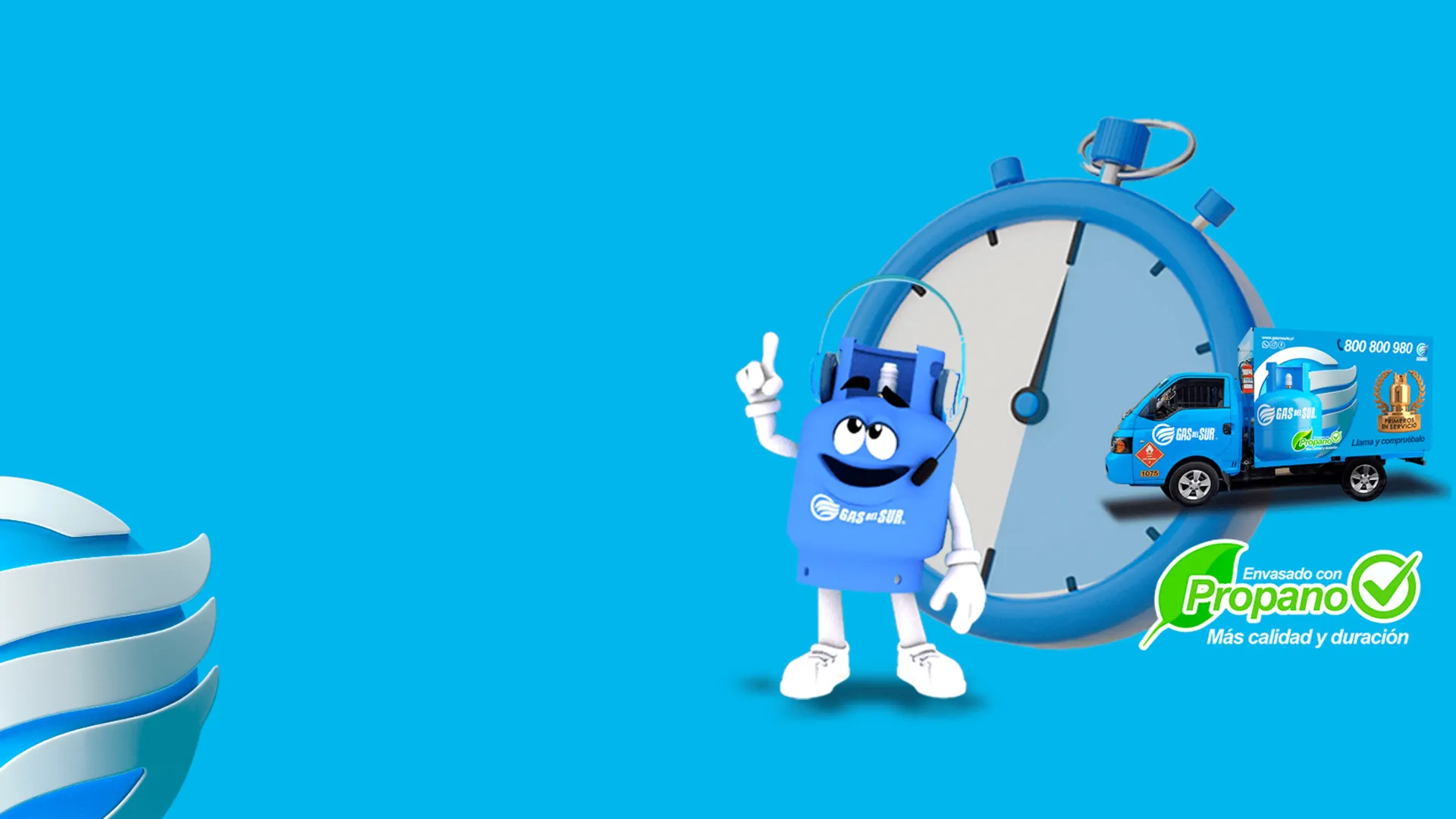 Banner promocional de Gas del Sur mostrando entrega rápida de gas domiciliario en menos de 30 minutos con fondo azul y mascota de la empresa